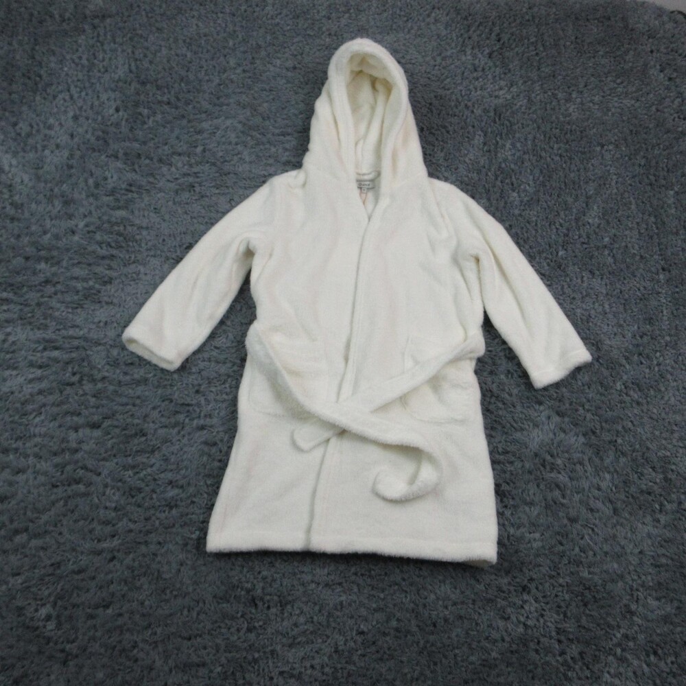 Quince Robe Kids M White Hooded Fleece Tie Winter Plush Polyester Soft NWT